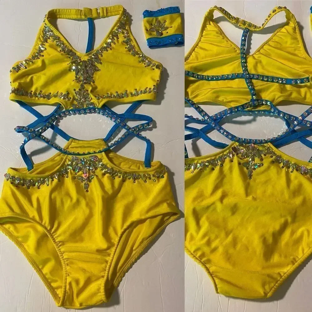 Custom Solo Dance Costume Yellow Blue Rhinestone Jazz Costume MA-Medium adult